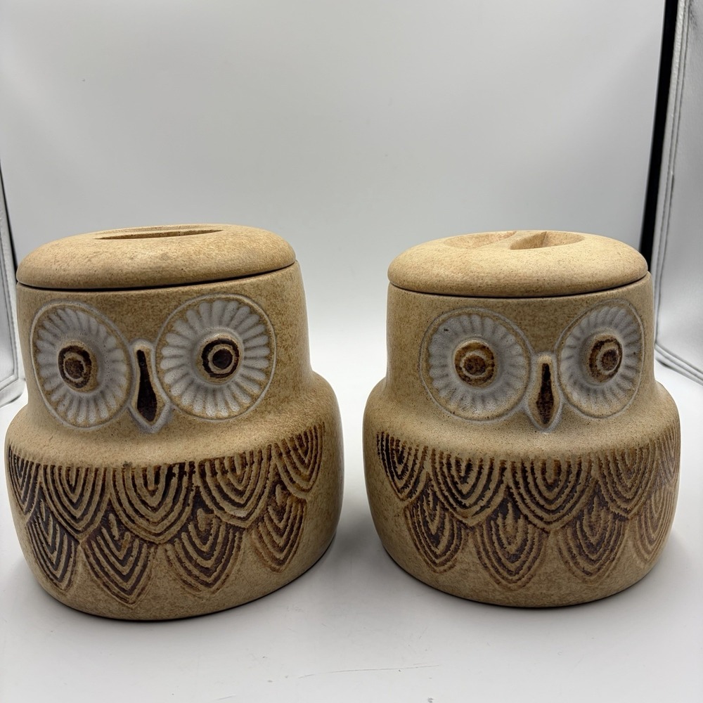 Two Vtg Owl Canisters W/ Lids Pottery Craft USA‎ Mid Century Cottagecore Country